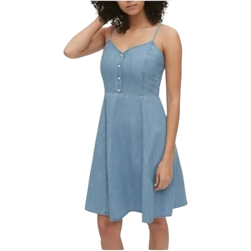 Gap Denim Dress Spaghetti Strap Cami Fit Smocked Back Skater Dress Womens Size 8
